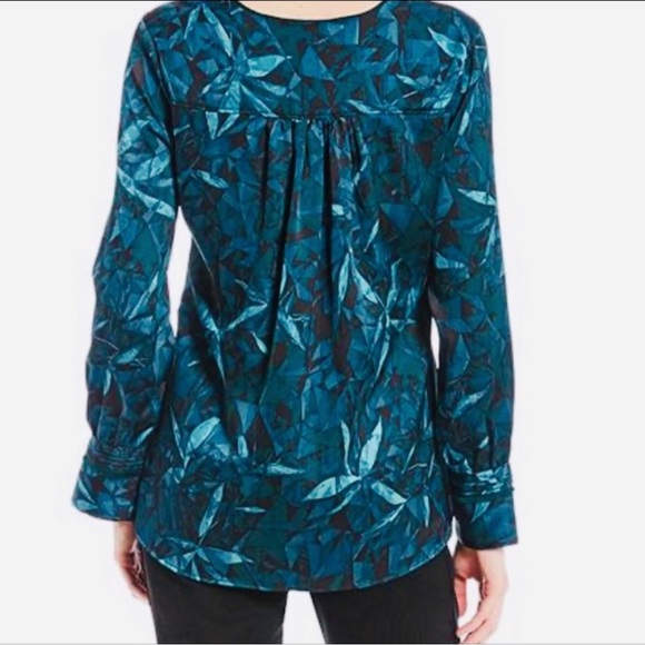 H by Halston teal & black abstract pattern long sleeve blouse - Picture 2 of 16